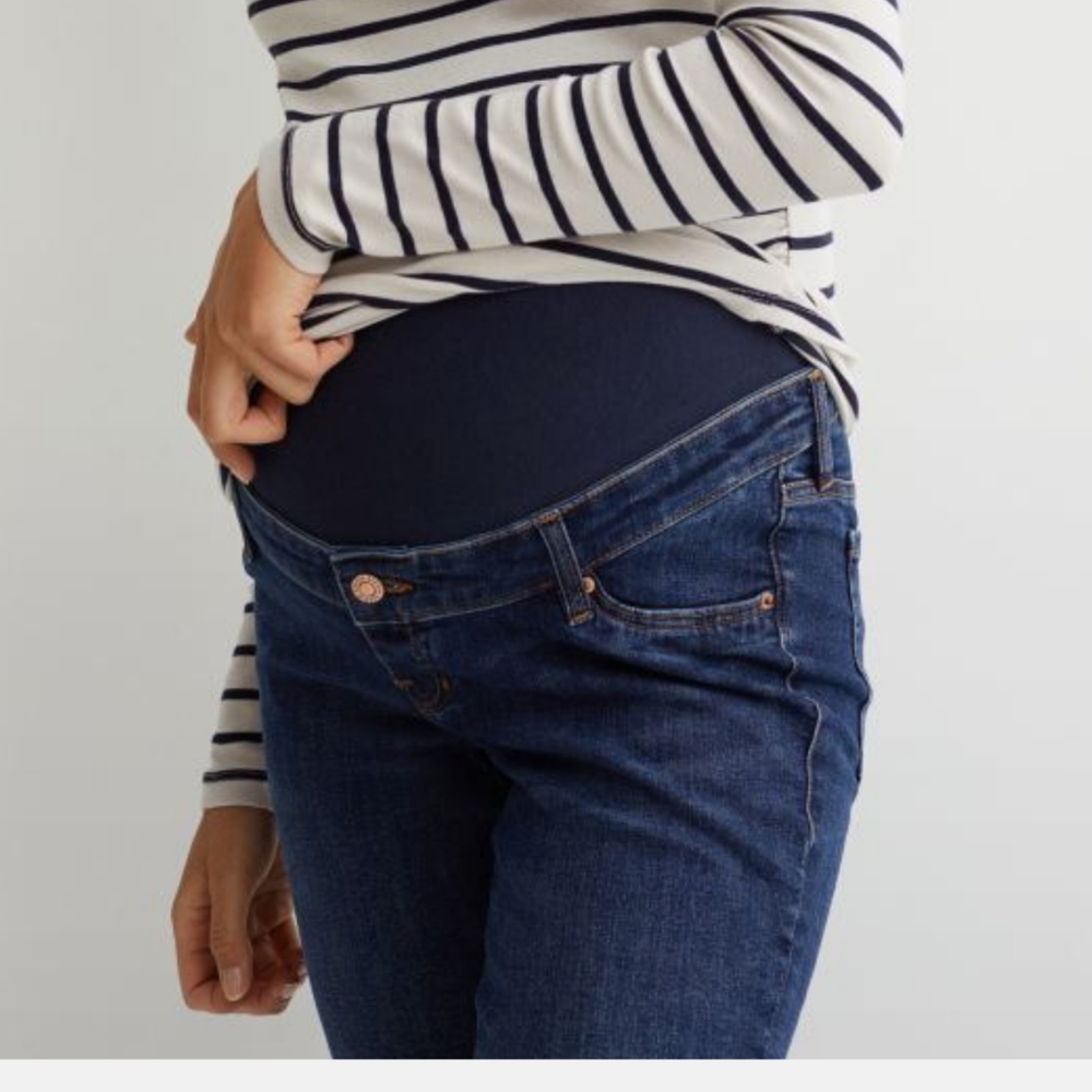 SOLD! H&M Skinny High Rib Mama Full Panel Raw Hem Dark Wash Denim Jeans 14 - Picture 3 of 16